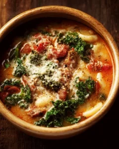 A bowl of savory Tuscany Soup filled with fresh vegetables and herbs.