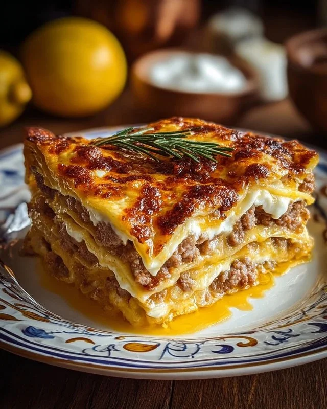Ultimate breakfast lasagna made with pancakes and sausage in a delicious casserole