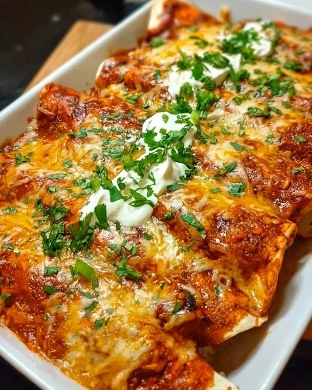 Plate of quick and easy chicken enchiladas topped with cheese and salsa
