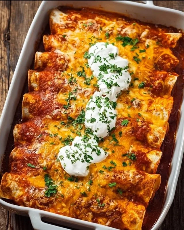 Delicious chicken enchiladas topped with cheese and salsa on a plate