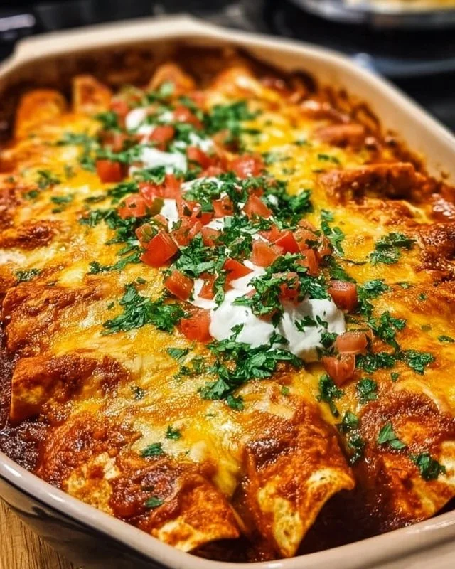Quick and easy chicken enchiladas served on a plate with toppings