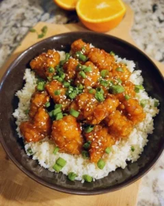 Delicious vegan orange chicken made with tofu served on a plate
