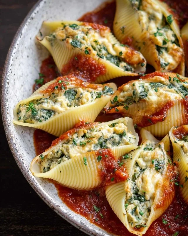 Vegan Stuffed Shells filled with cashew ricotta and marinara sauce