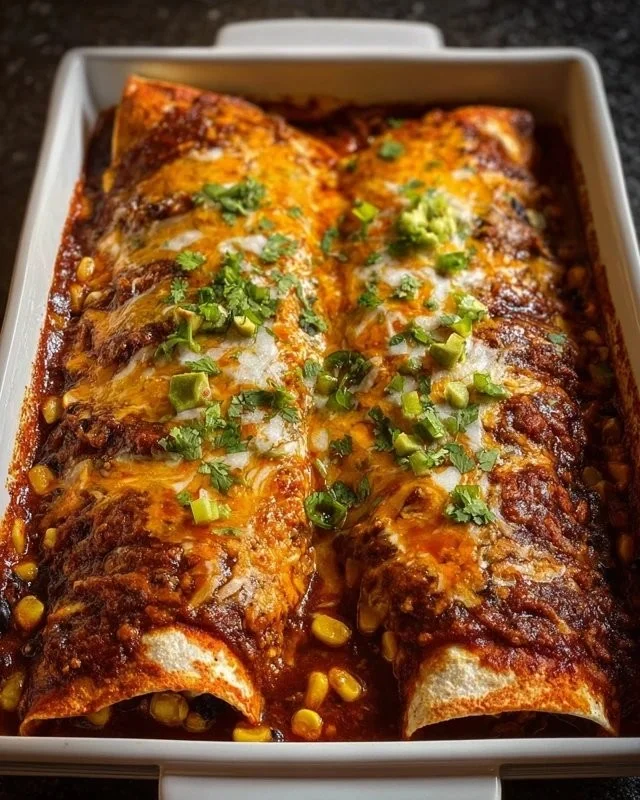 Vegetarian black bean enchiladas topped with cheese and fresh cilantro