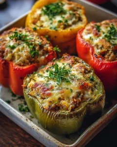 Vegetarian stuffed bell peppers recipe with colorful peppers and hearty filling.