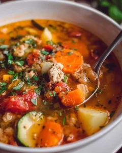 Bowl of healthy turkey vegetable soup with fresh vegetables and herbs