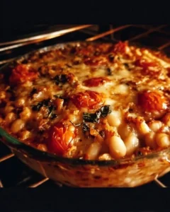 Baked white bean casserole topped with herbs and cheese in a serving dish