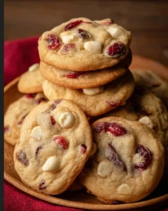 Freshly baked white chocolate cranberry cookies on a plate