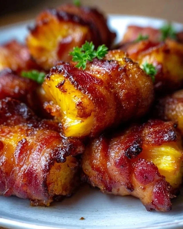 Air fryer bacon-wrapped pineapple bites on a serving platter