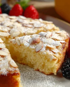 Delicious almond cake with rich flavors and moist texture on a decorative plate.