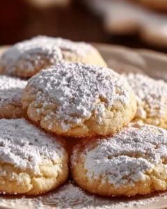 Plate of delicious Almond Cloud Cookies topped with powdered sugar.