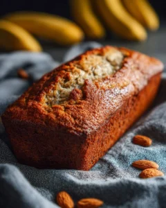 Loaf of almond flour banana bread sliced on a wooden board