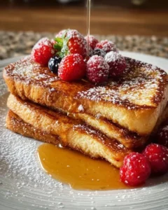 Delicious classic French toast served on a plate with syrup and berries