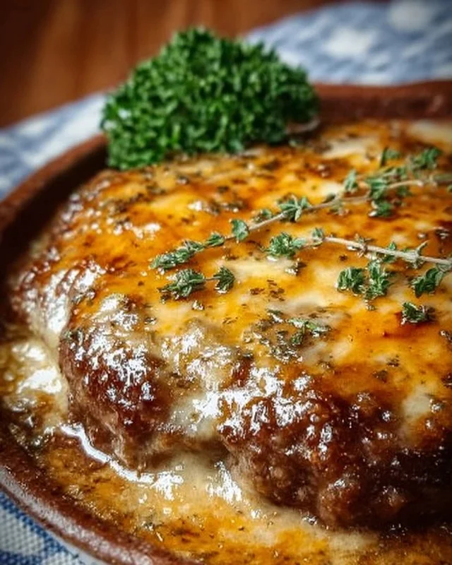 Amish Hamburger Steak Bake served on a plate with vegetables