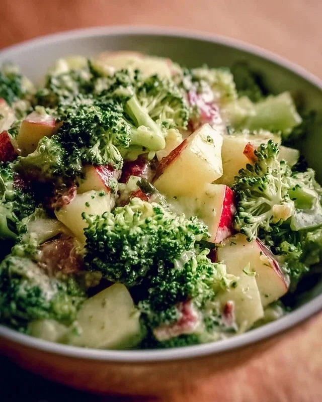 Colorful bowl of Apple Broccoli Salad with apples, broccoli, nuts, and dressing