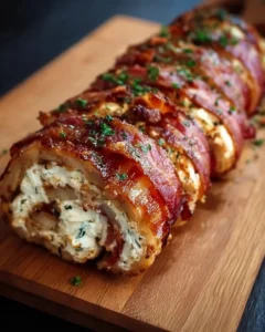 Bacon goat cheese appetizer log topped with crispy bacon and herbs.