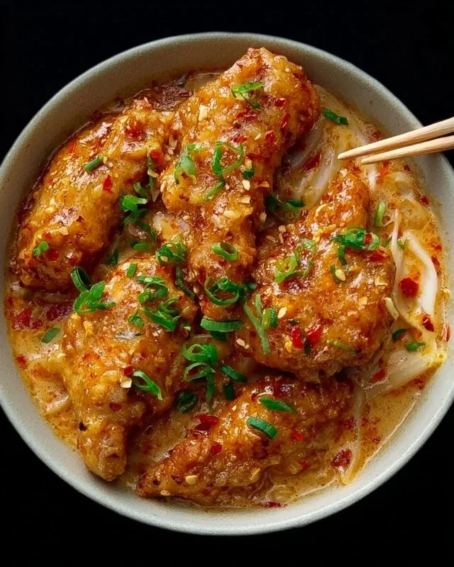 Delicious serving of Bang Bang Chicken garnished with green onions