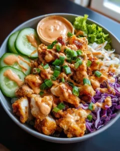Delicious Bang Bang Chicken Bowl with colorful vegetables and spicy sauce