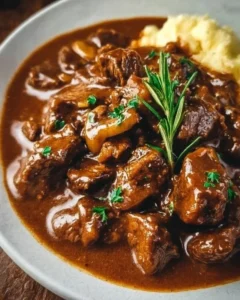 Delicious beef tips cooked in savory gravy served on a plate.
