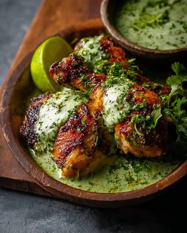 Delicious Peruvian chicken served with creamy green sauce for a tasty meal