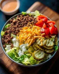 A delicious Big Mac Bowl filled with fresh ingredients and topped with special sauce.