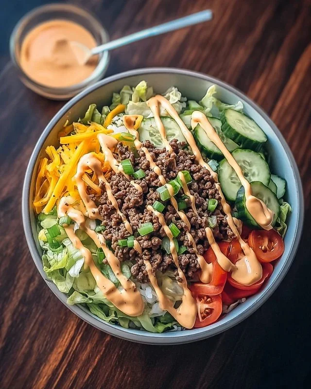 Big Mac Bowls dish featuring layers of beef, lettuce, cheese, and special sauce