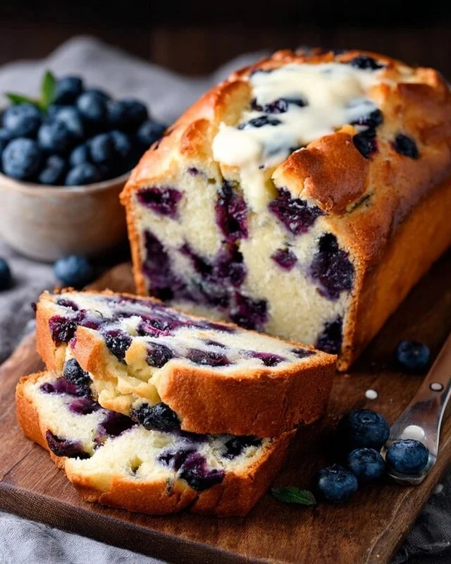 Slice of freshly baked Blueberry Cream Cheese Bread on a wooden table