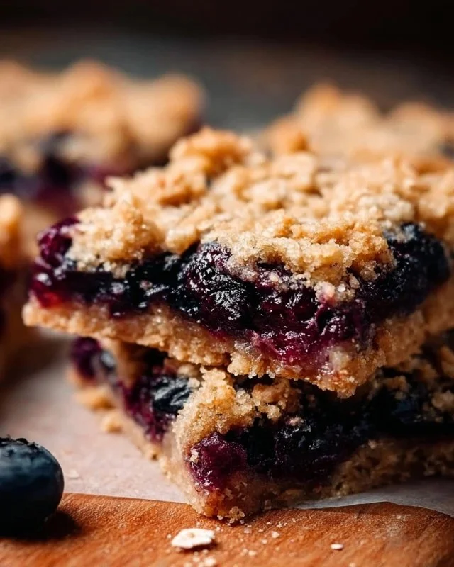 Delicious homemade blueberry oatmeal bars on a wooden table