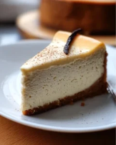 Brown Butter Vanilla Bean Cheesecake topped with fresh vanilla beans and caramel sauce