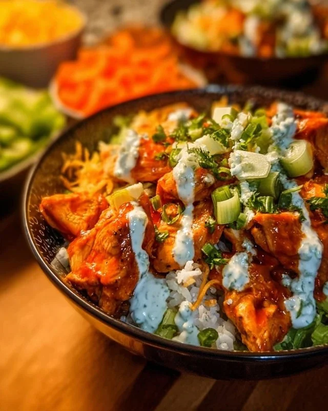 Buffalo Chicken Bowls with vibrant ingredients and spicy sauce