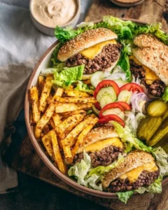 Delicious and colorful burger bowls featuring fresh ingredients and savory toppings.