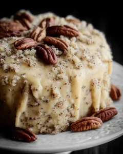 Delicious slice of Butter Pecan Cake topped with pecans and cream frosting