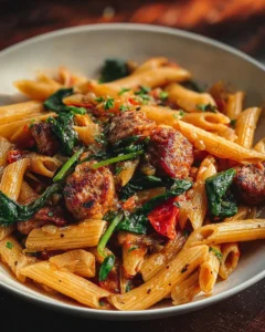 Plate of Cajun Sausage Pasta garnished with herbs and spices