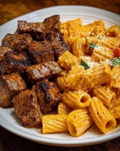 Delicious Cajun steak tips served with cheesy rigatoni pasta.
