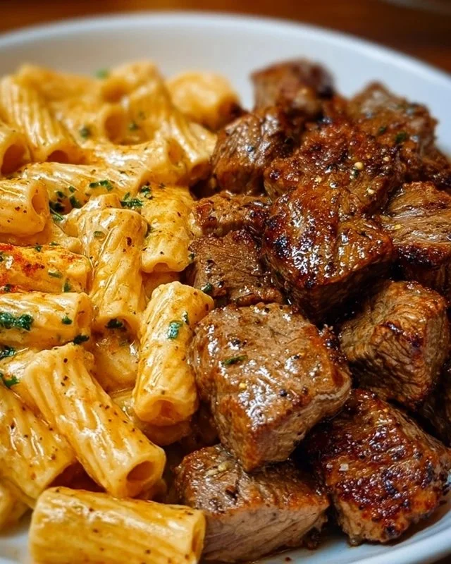 Cajun Steak Tips with Cheesy Rigatoni