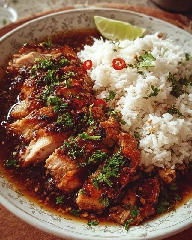Caramelised soy chicken in garlic ginger broth served with rice