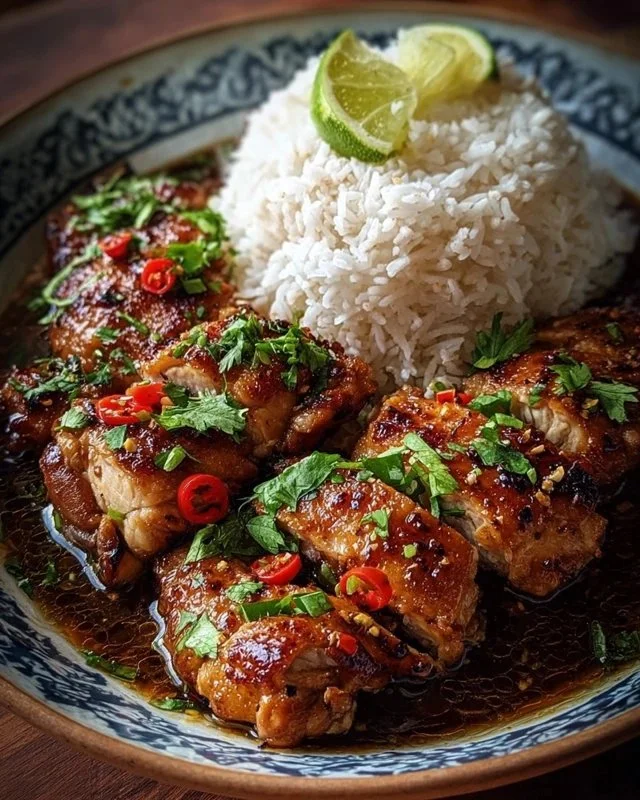Caramelised Soy Chicken in Garlic Ginger Broth with Rice