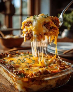 Hearty Cattle Drive Casserole served in a rustic dish, perfect for family meals.