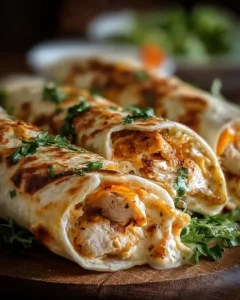Cheesy chicken garlic wraps served on a plate, garnished with fresh herbs.