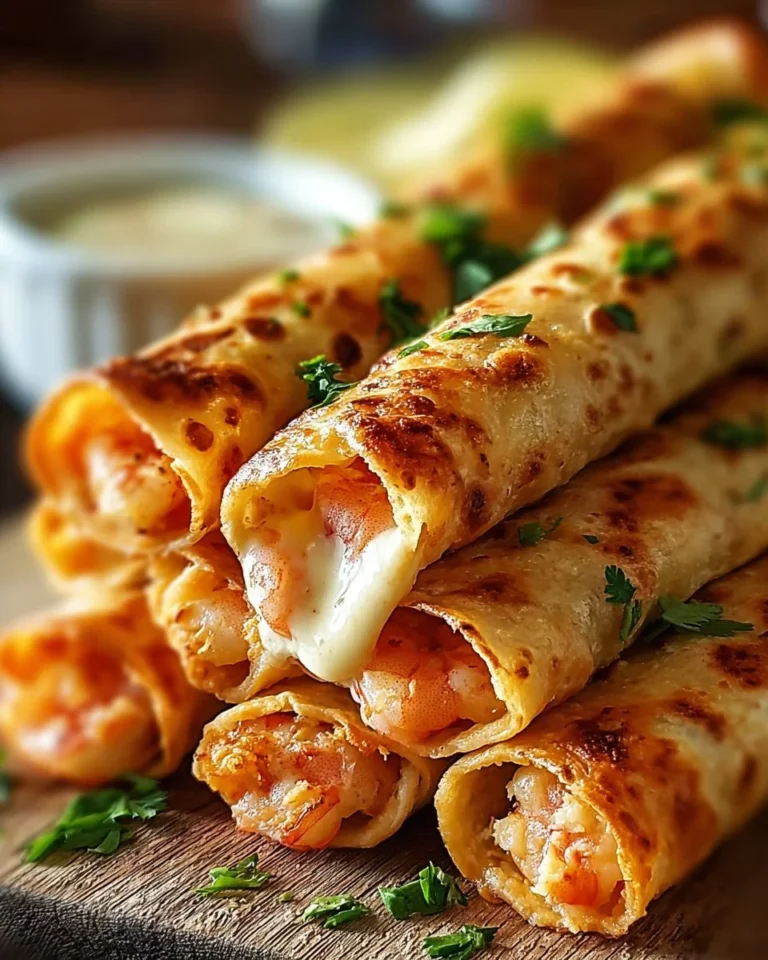 Cheesy crab and shrimp taquitos served on a plate with dipping sauce