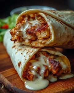 Cheesy garlic chicken wraps served on a plate with fresh herbs and vegetables.