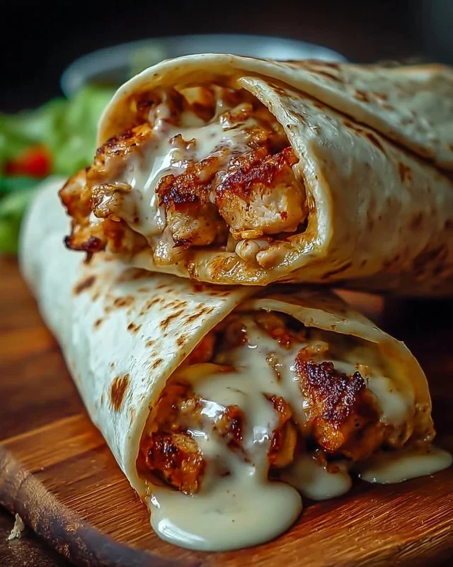 Cheesy garlic chicken wraps served on a plate with fresh herbs and vegetables.
