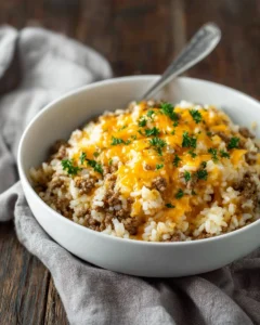 Cheesy Ground Beef and Rice Casserole served in a dish