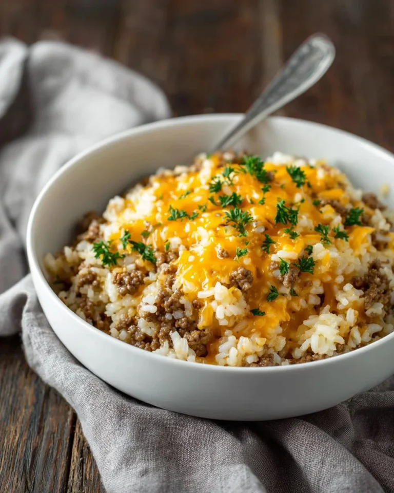 Cheesy Ground Beef and Rice Casserole served in a dish