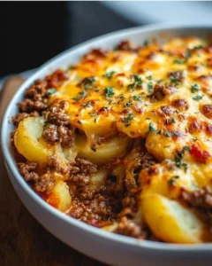 Cheesy ground beef and potato casserole in a baking dish