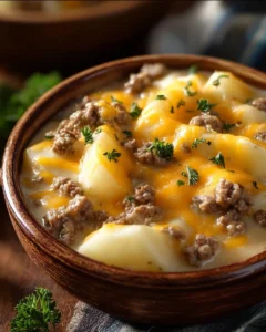 Cheesy Hamburger Potato Soup in a bowl with toppings