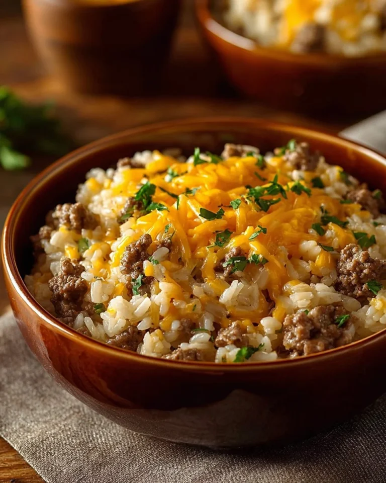 Cheesy Hamburger Rice Casserole served in a bowl with toppings.