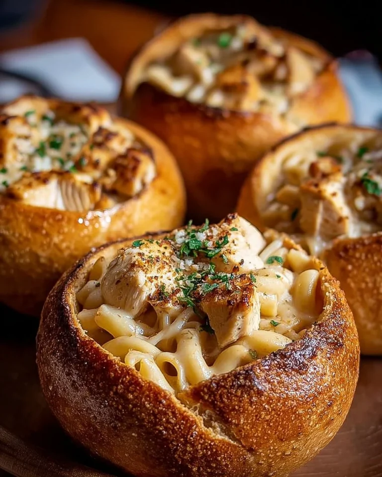 Chicken Alfredo Garlic Bread Bowls served with creamy sauce and topped with parsley
