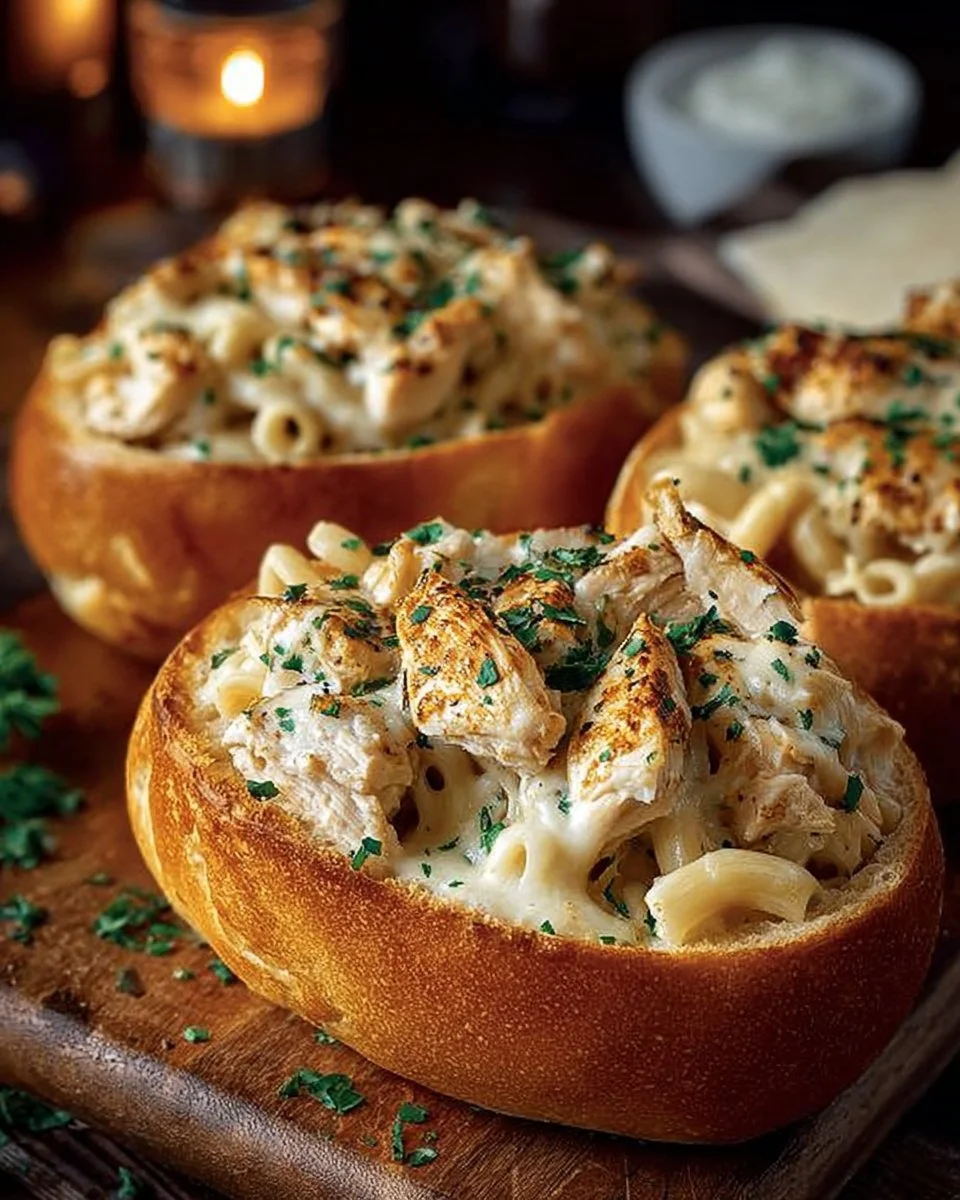 Chicken Alfredo Garlic Bread Bowls
