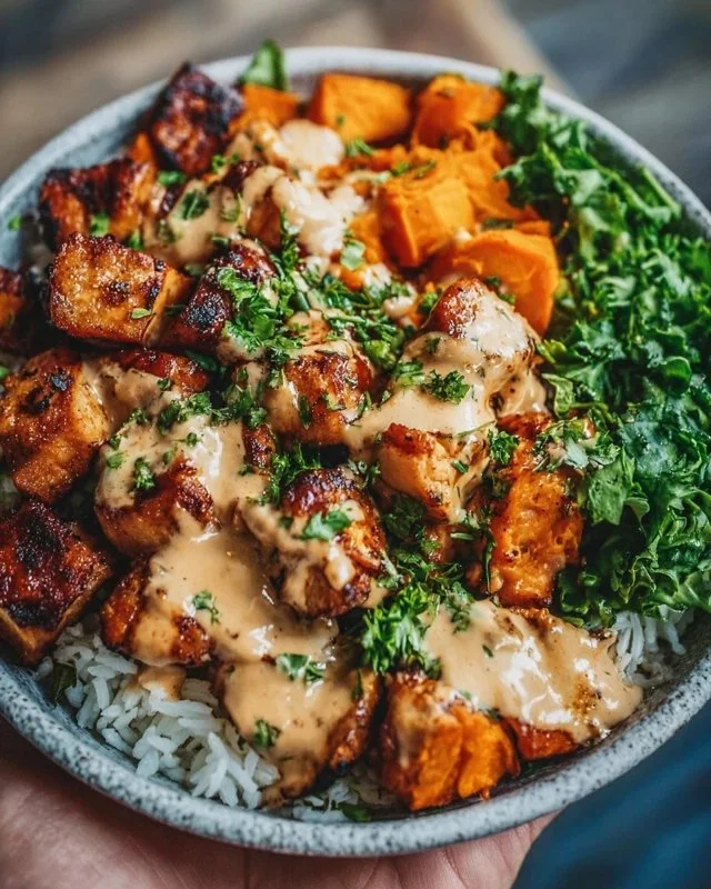 Chicken and sweet potato bowls topped with fresh vegetables and herbs.